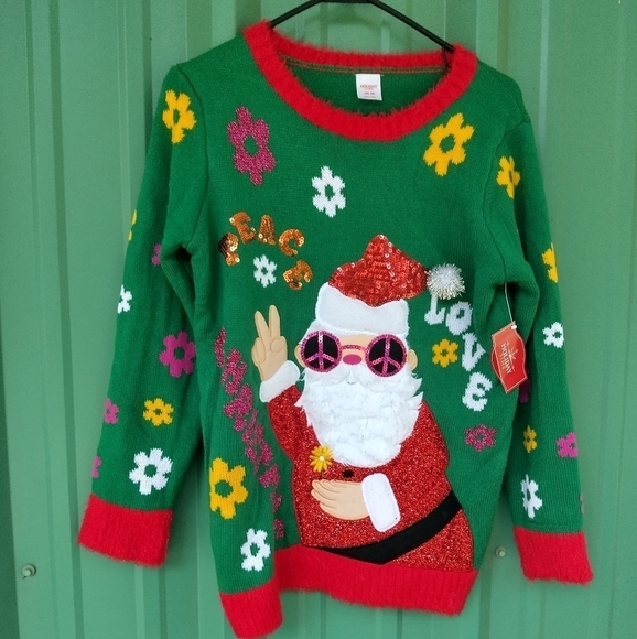 NEW Peace Love Christmas Ugly Christmas Sweater Size Large Hippie Santa Claus - Picture 1 of 6